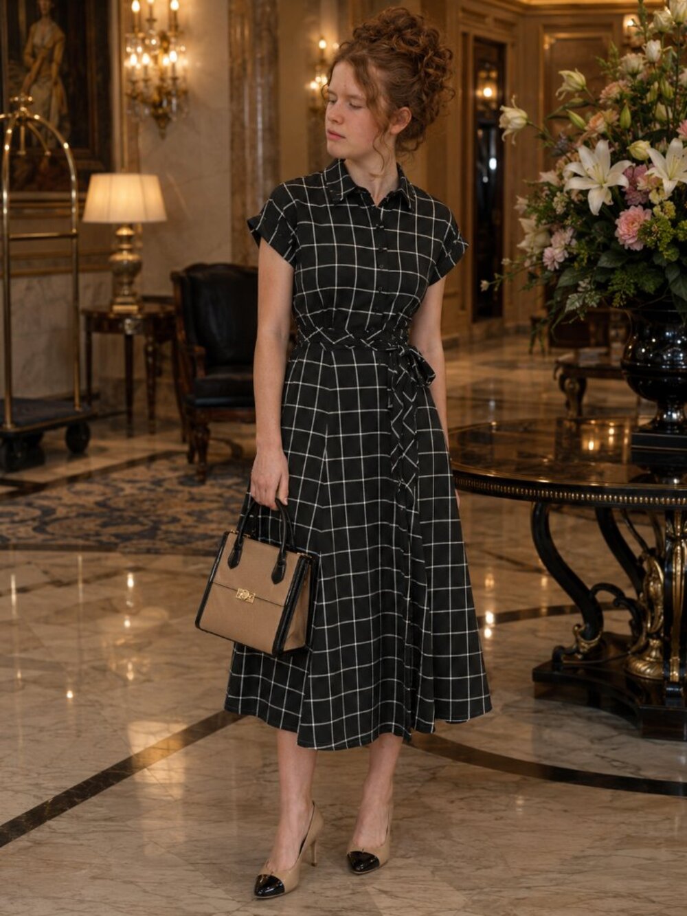 Calvin Klein Gauze Windowpane Midi Belted Shirtdress